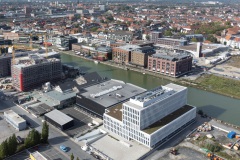 Der Stadthafen im Oktober 2023 von oben. Am linken Bildrand der Neubau von Fiege und Ärzteversorgung.