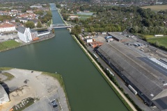 Der Stadthafen im Oktober 2023 von oben. Am rechten Bildrand das frühere Gebäude von Ostermann & Scheiwe .