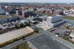 Der Stadthafen im Oktober 2023 von oben. Am linken Bildrand der Neubau von Fiege und Ärzteversorgung.
