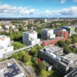 Das BATTL³, der rote Gebäudekeil auf der Visualisierung, schmiegt sich im Wissenschaftspark als Neubau an den T-Hof an. Visualisierung: Technologieförderung Münster GmbH/Engel & Haehnel GbR – e&h architektur visuell