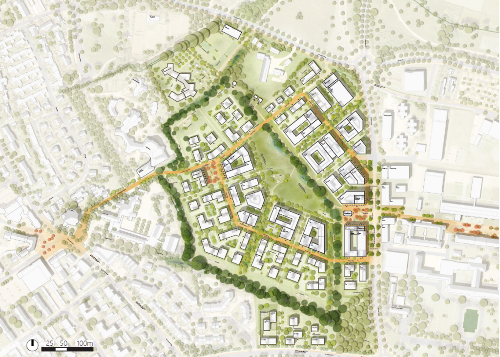 Raum für bis zu 900 Wohnungen, Wissenschafts- und Forschungseinrichtungen: Der städtebauliche Entwurf für das Modellquartier an der Busso-Peus-Straße (MMQ 2) wird von der Stadt Münster, NRW.URBAN und dem Wiener Planungsteam derzeit weiterentwickelt. ©Albert Wimmer ZT GmbH, Knollconsult Umweltplanung ZT GmbH und ZT-Büro Zeleny Infrastrukturplanung