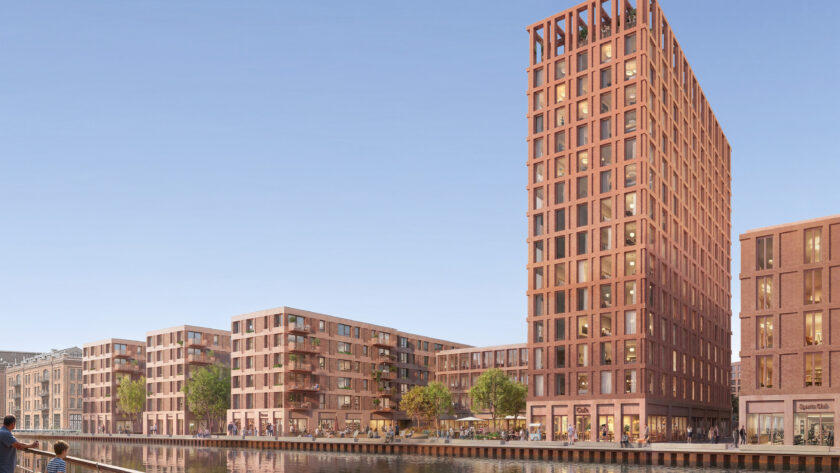 Auf der Brachfläche zwischen Hafenweg und Hafenbecken sollen unter anderem drei Wohngebäude (links) und ein Hotel mit Rooftop-Bar (rechts) entstehen. Quelle: Entwurf Kleihues + Kleihues Architekten/Visualisierung Ponnie Images