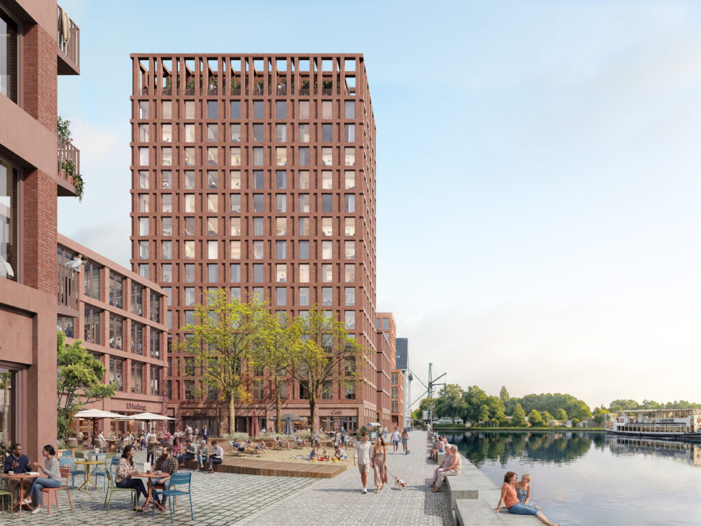 Zwischen Wohngebäuden und Hotel ist ein zentraler öffentlicher Platz direkt am Wasser geplant. Quelle: Entwurf Kleihues + Kleihues Architekten/Visualisierung Ponnie Images